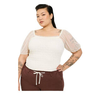 Torrid Womans Sz 4X Plus Blouse Smocked Dot Mesh Square Neck Crop Top Ivory NWT